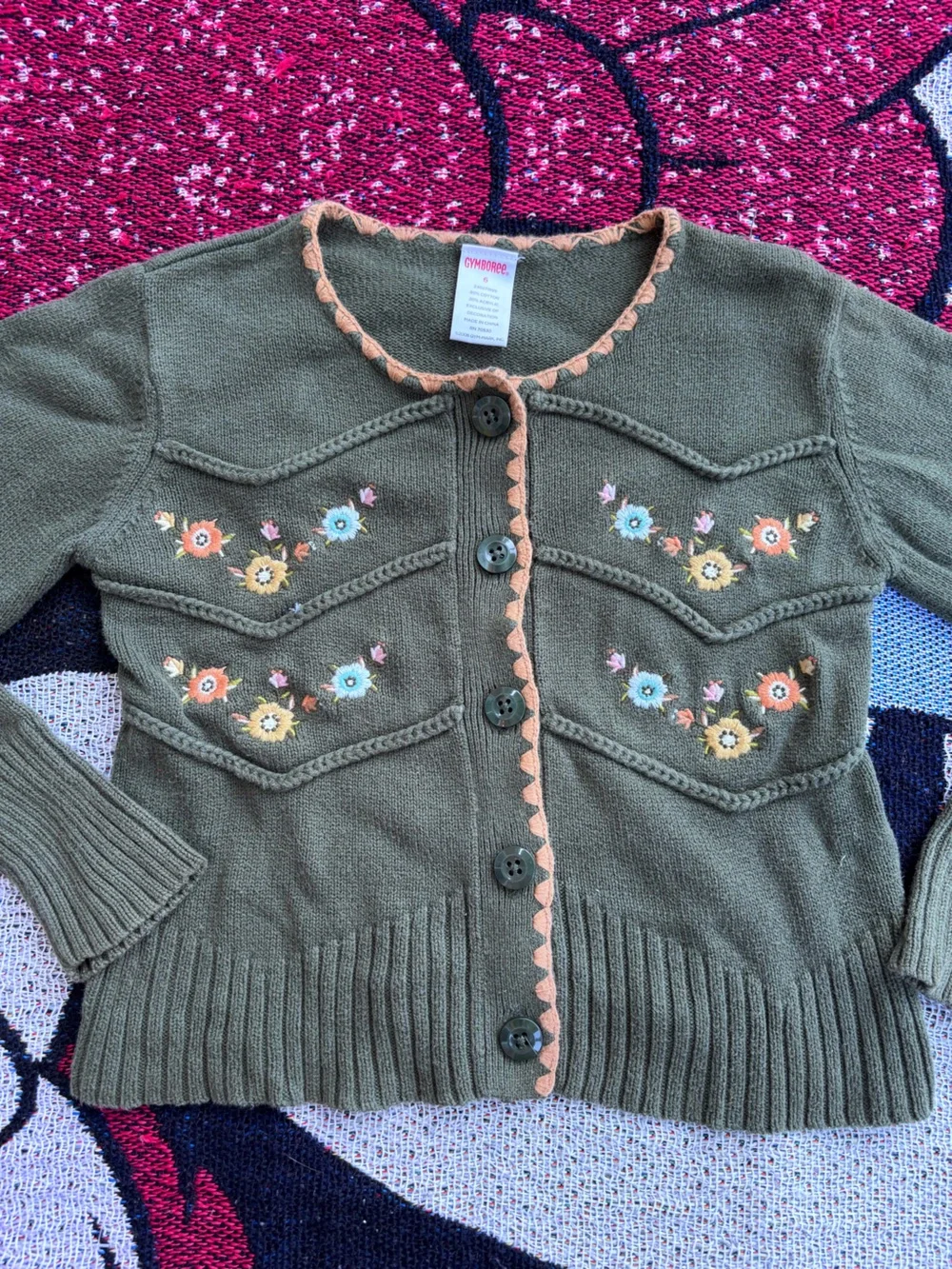 VTG Y2K GYMBOREE GREEN EMBROIDERED FLOWER CARDIGAN SWEATER SIZE 6 GIRLS